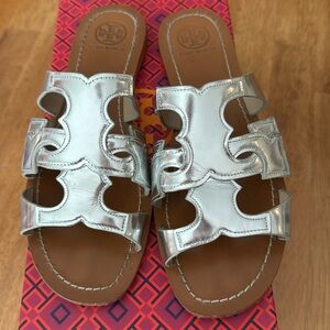 Tory Burch, silver anchor, flat slide sandal